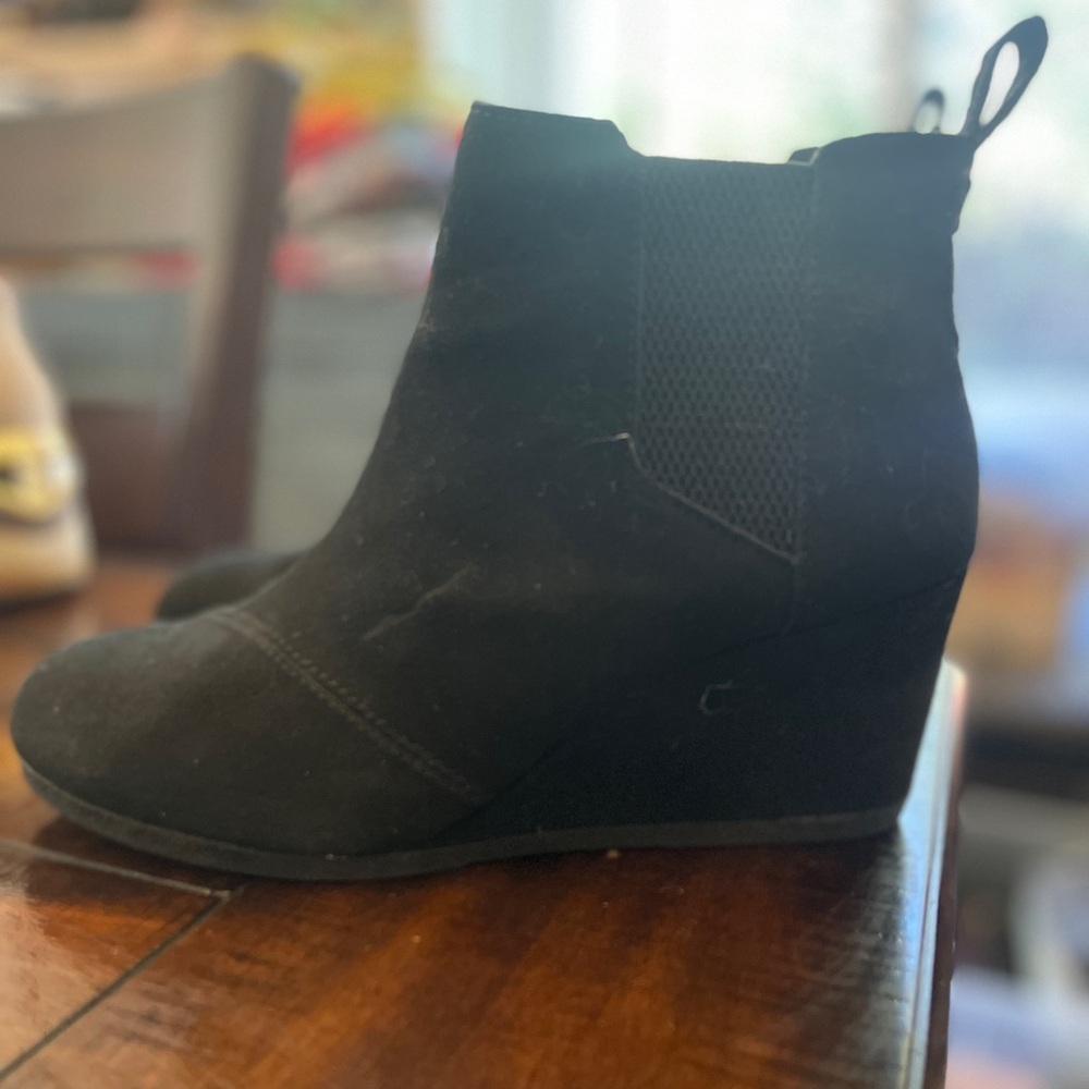 TOMS Black Suede Chelsea Ankle Booties with Wedge Heel, size 9